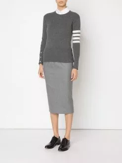 Thom Browne crew neck Pullover With White 4-Bar Stripe In Grey Cashmere