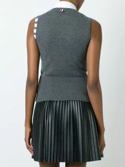 Thom Browne Sleeveless crew neck Shell Top With 4-Bar Stripe In Medium Grey Cashmere