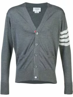 Thom Browne V-Neck Cardigan With 4-Bar Stripe In Medium Grey Merino