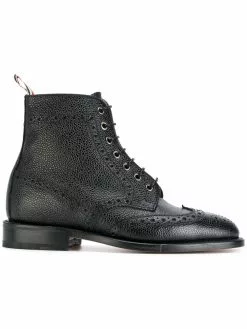Thom Browne Wingtip Brogue Boot With Leather Sole In Black Pebble Grain