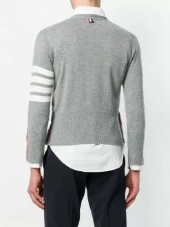 Thom Browne Short V-Neck Cardigan With 4-Bar Stripe In Light Grey Cashmere