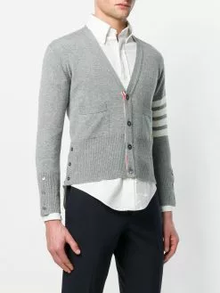 Thom Browne Short V-Neck Cardigan With 4-Bar Stripe In Light Grey Cashmere