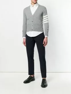 Thom Browne Short V-Neck Cardigan With 4-Bar Stripe In Light Grey Cashmere