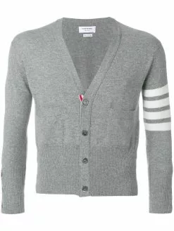 Thom Browne Short V-Neck Cardigan With 4-Bar Stripe In Light Grey Cashmere