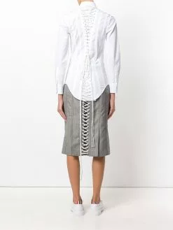 Thom Browne Lace-up Back Long Sleeve Button Down Point Collar Shirt In Solid Poplin