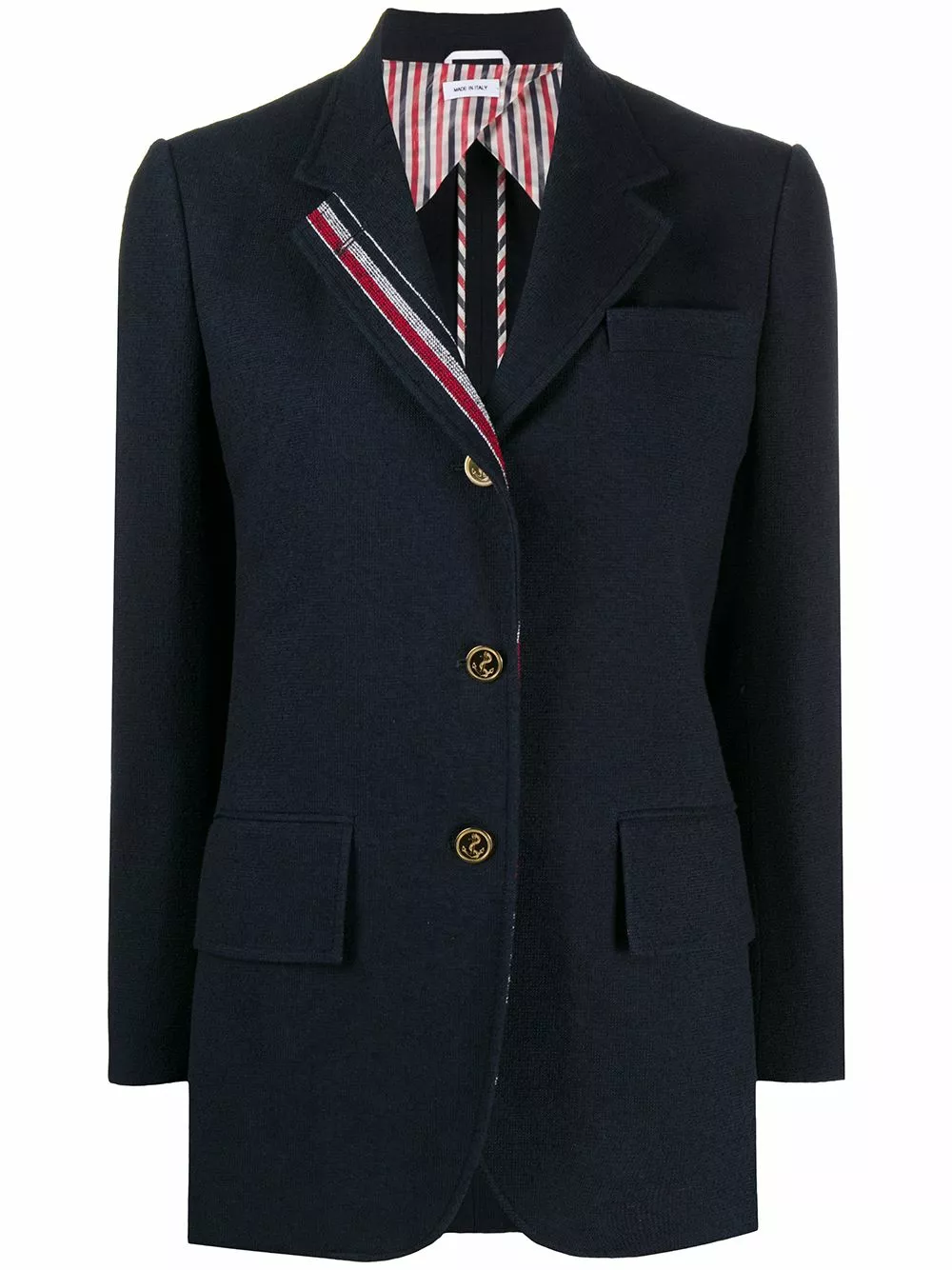 Thom Browne Single breasted blazer with stripe lapel detail jackets of women 1 Thom Browne single-breasted blazer with stripe lapel detail