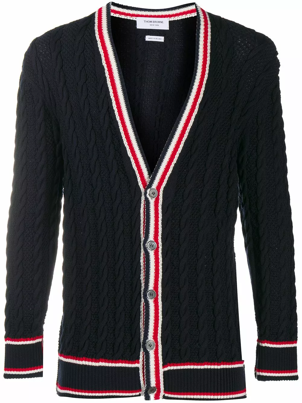 Thom Browne Cable knit V neck cardigan cardigans of men 1 Thom Browne cable knit V-neck cardigan
