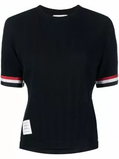 Thom Browne SHORT SLEEVE TEE W/ RWB GROSGRAIN CUFF IN HIGH TWIST VARIEGATED RIB