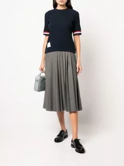 Thom Browne SHORT SLEEVE TEE W/ RWB GROSGRAIN CUFF IN HIGH TWIST VARIEGATED RIB