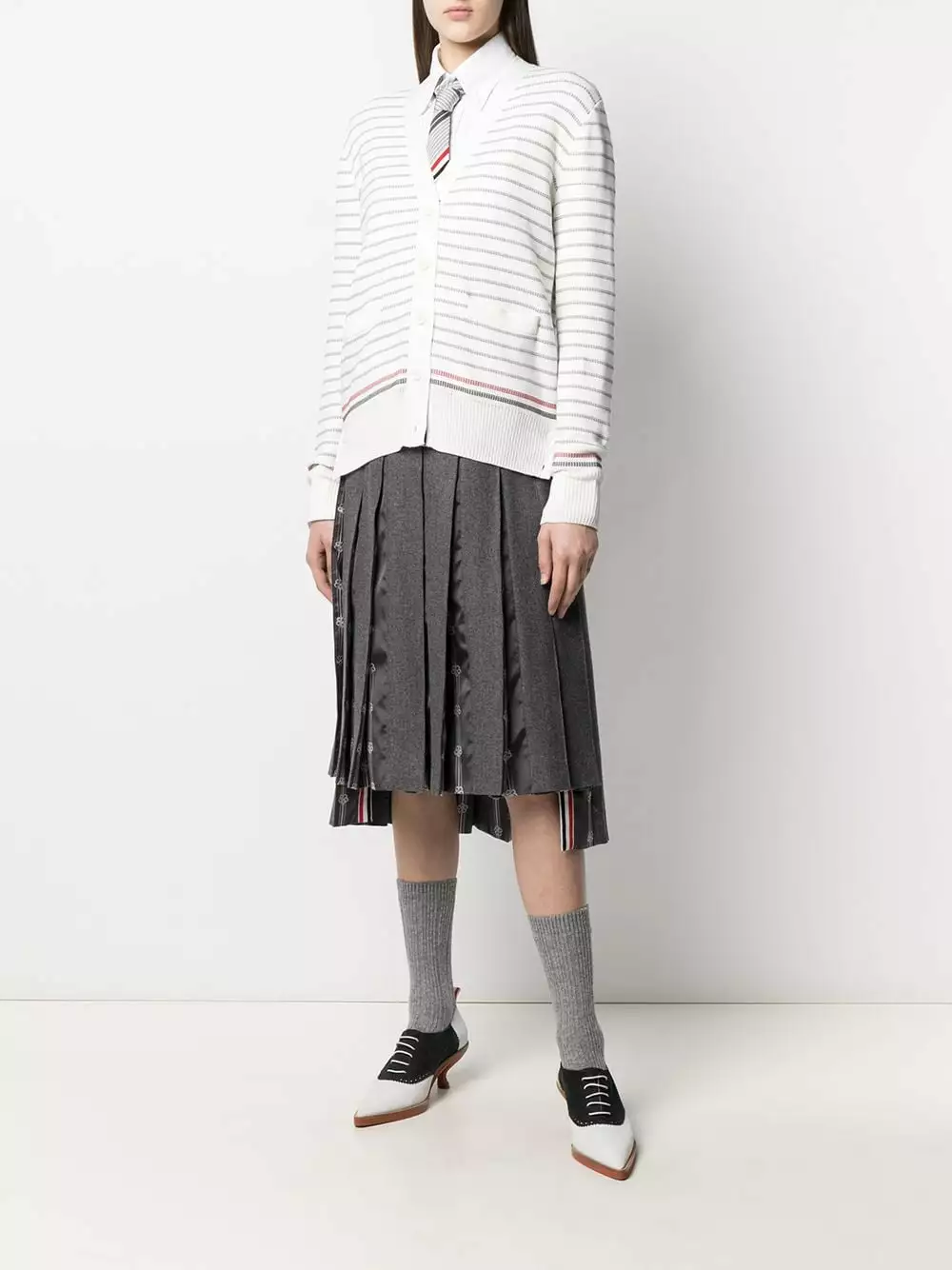 Thom Browne Striped half Milano stitch V neck cardigan cardigans of women 2 Thom Browne striped half Milano stitch V-neck cardigan