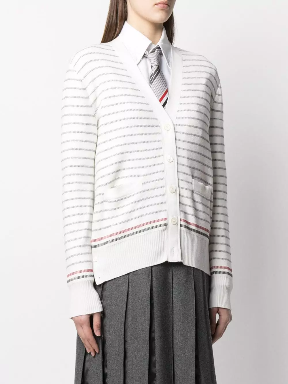 Thom Browne Striped half Milano stitch V neck cardigan cardigans of women 3 Thom Browne striped half Milano stitch V-neck cardigan