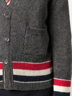 Thom Browne Tricolour stripes V neck cardigan cardigans of men 9 Thom Browne tricolour stripes V-neck cardigan