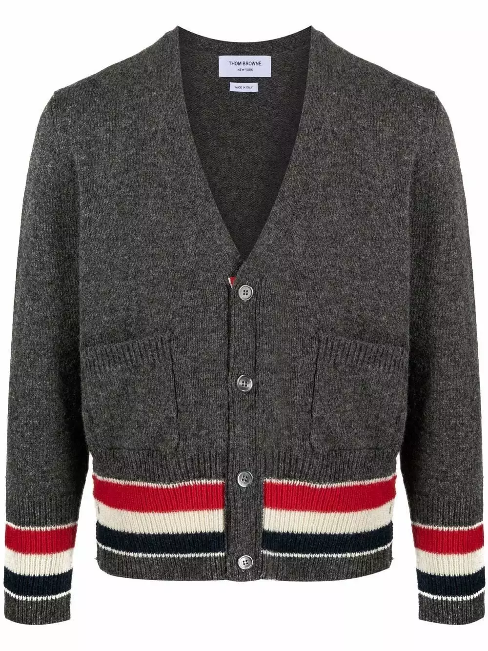 Thom Browne Tricolour stripes V neck cardigan cardigans of men 1 Thom Browne tricolour stripes V-neck cardigan