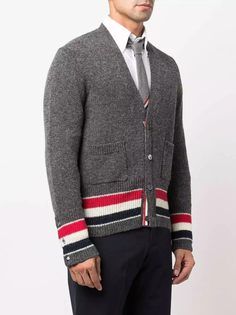 Thom Browne Tricolour stripes V neck cardigan cardigans of men 3 Thom Browne tricolour stripes V-neck cardigan