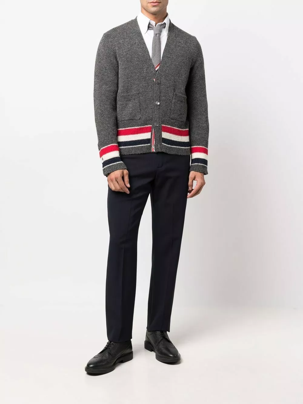 Thom Browne Tricolour stripes V neck cardigan cardigans of men 2 Thom Browne tricolour stripes V-neck cardigan