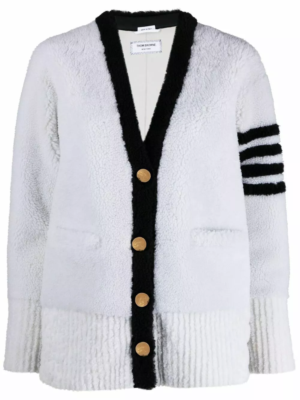 Thom Browne 4 Bar stripe shearling cardigan cardigans of women 1 Thom Browne 4-Bar stripe shearling cardigan